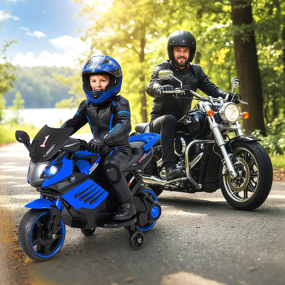 6V Kids Motorcycle with Headlights Music and Detachable Training Wheels-Navy - Navy - Powered Ride On Toys