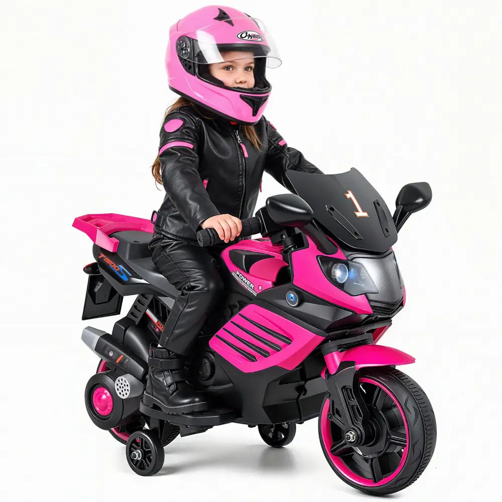 6V Kids Motorcycle with Headlights Music and Detachable Training Wheels-Pink - Pink - Powered Ride On Toys