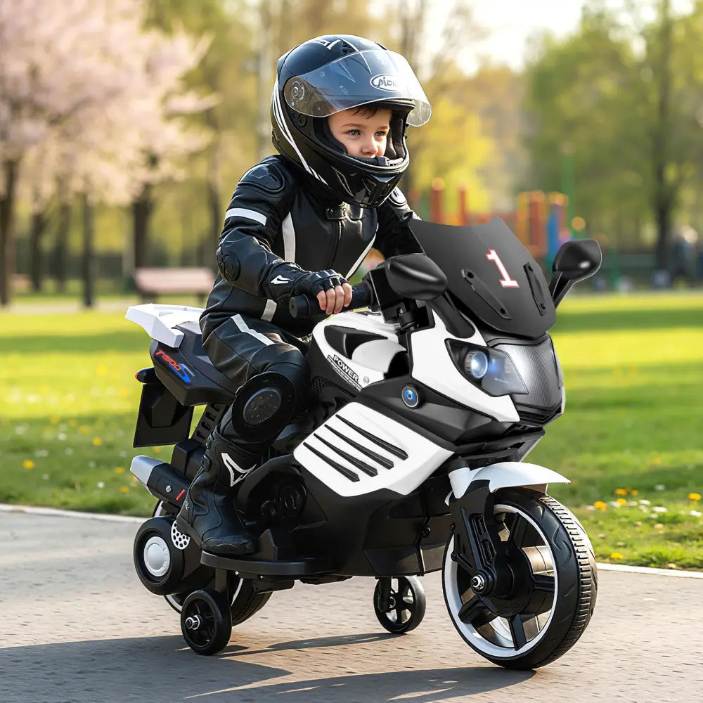 6V Kids Motorcycle with Headlights Music and Detachable Training Wheels-White - White - Powered Ride On Toys