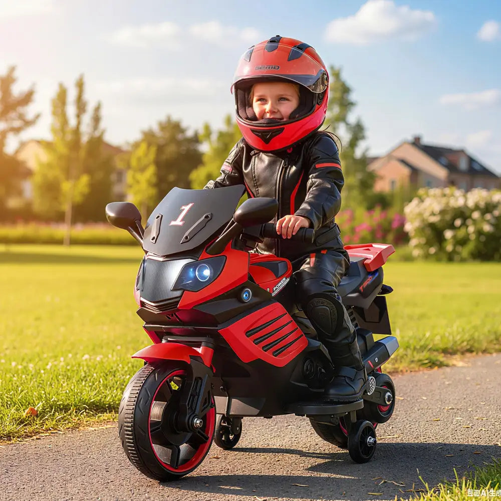 6V Kids Motorcycle with Headlights Music and Detachable Training Wheels-Red - Red - Powered Ride On Toys