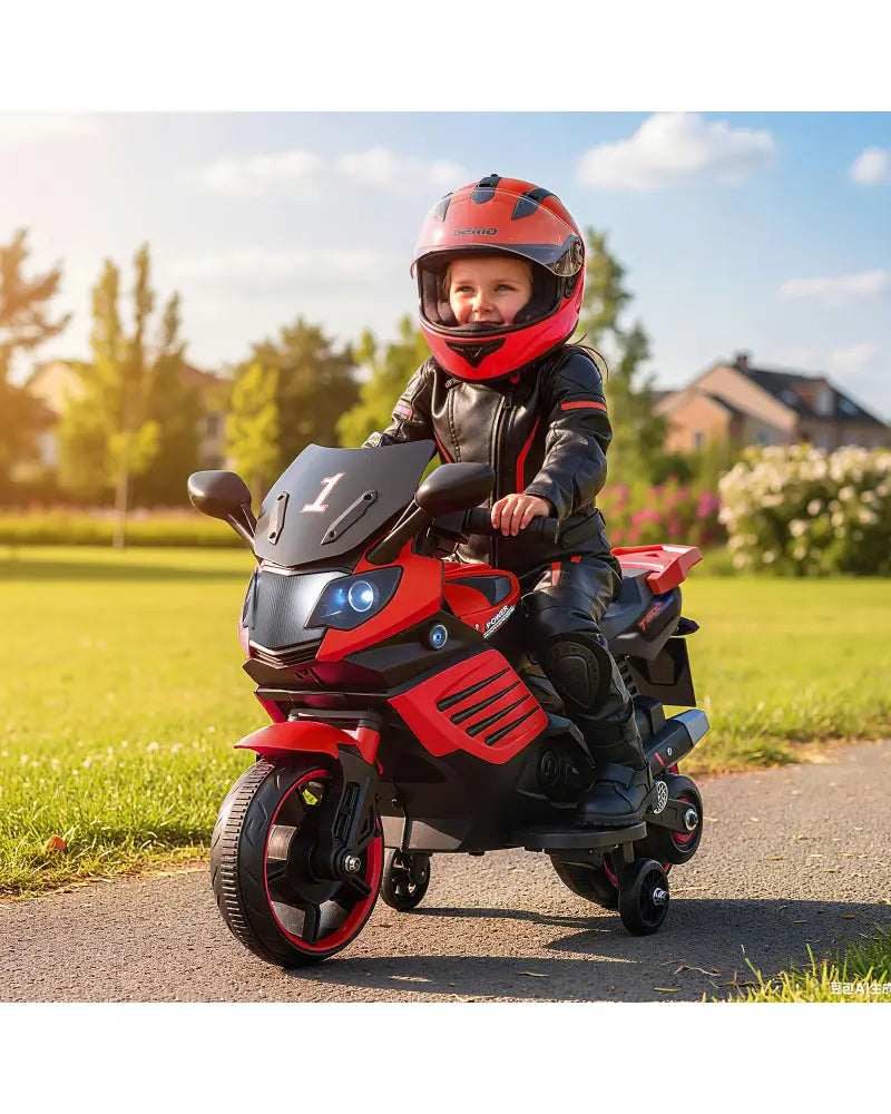 6V Kids Motorcycle with Headlights Music and Detachable Training Wheels-Red - Red - Powered Ride On Toys