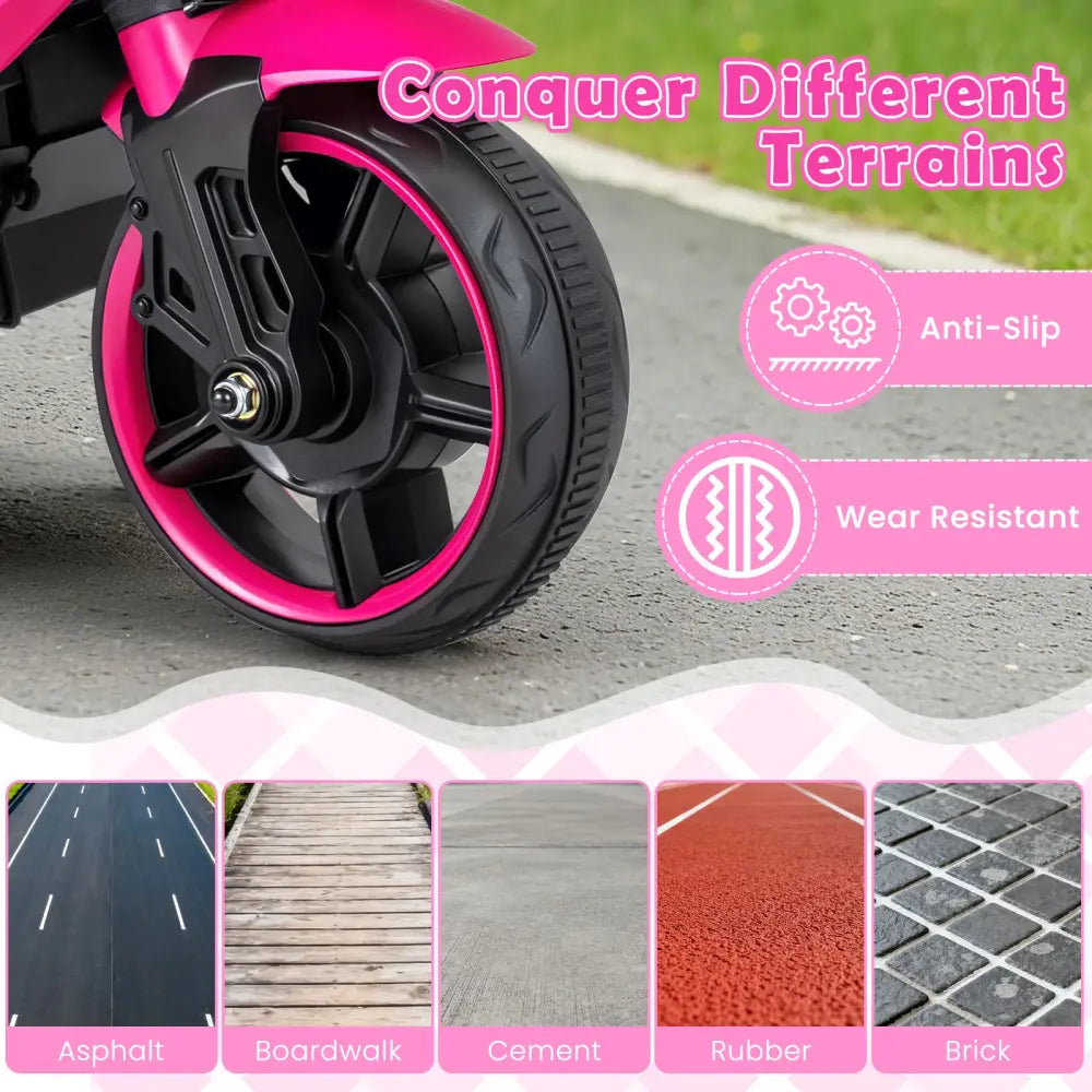 6V Kids Motorcycle with Headlights Music and Detachable Training Wheels-Pink - Pink - Powered Ride On Toys