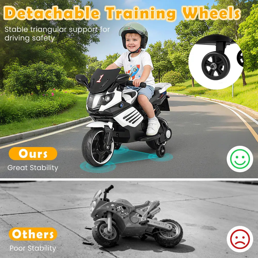 6V Kids Motorcycle with Headlights Music and Detachable Training Wheels-White - White - Powered Ride On Toys