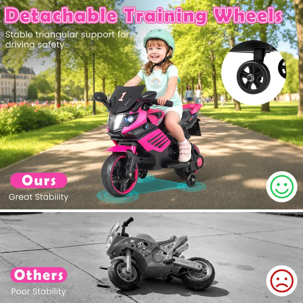 6V Kids Motorcycle with Headlights Music and Detachable Training Wheels-Pink - Pink - Powered Ride On Toys