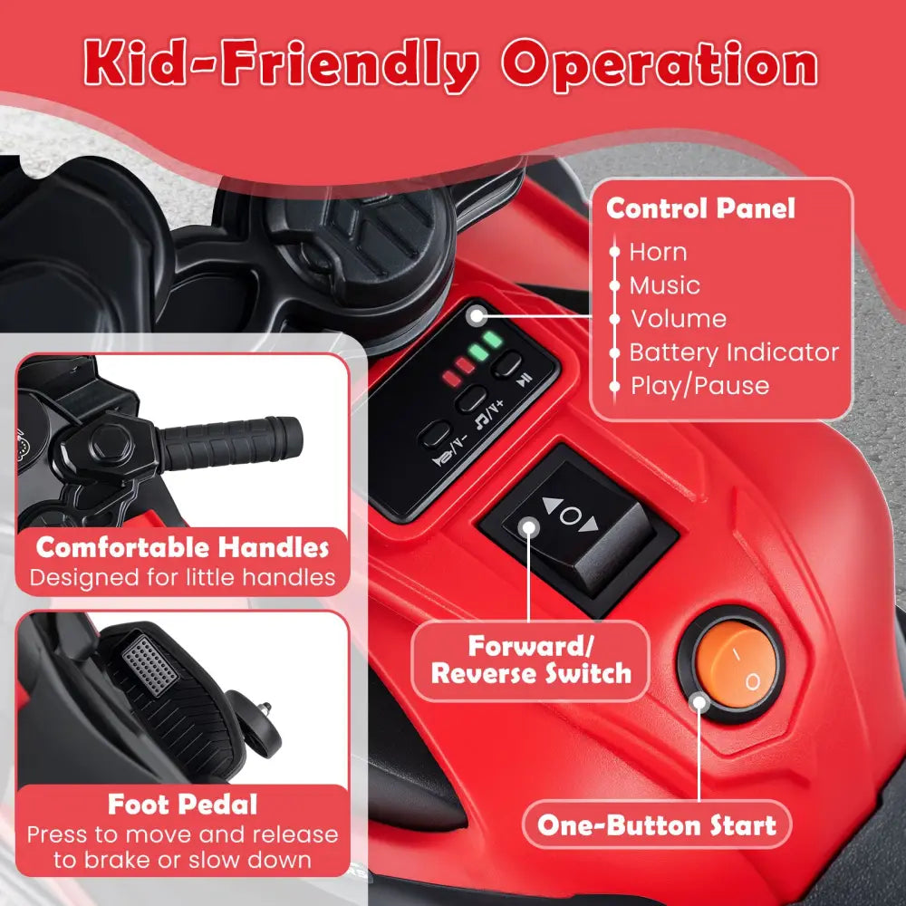 6V Kids Motorcycle with Headlights Music and Detachable Training Wheels-Red - Red - Powered Ride On Toys