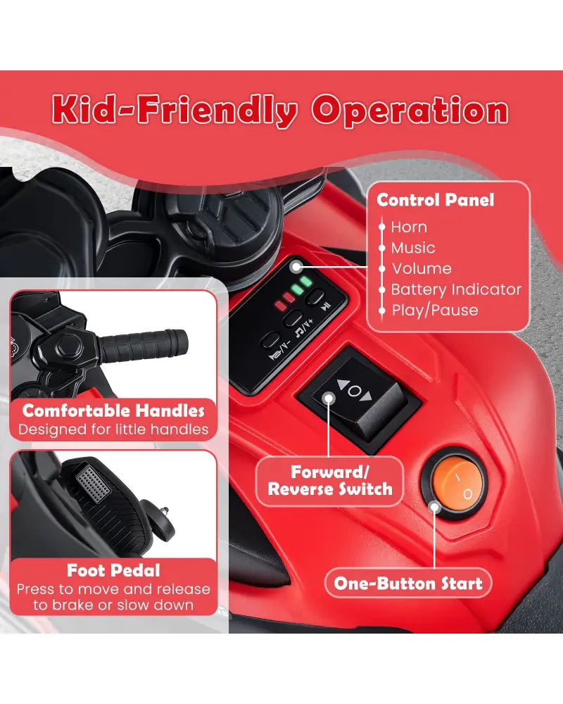 6V Kids Motorcycle with Headlights Music and Detachable Training Wheels-Red - Red - Powered Ride On Toys