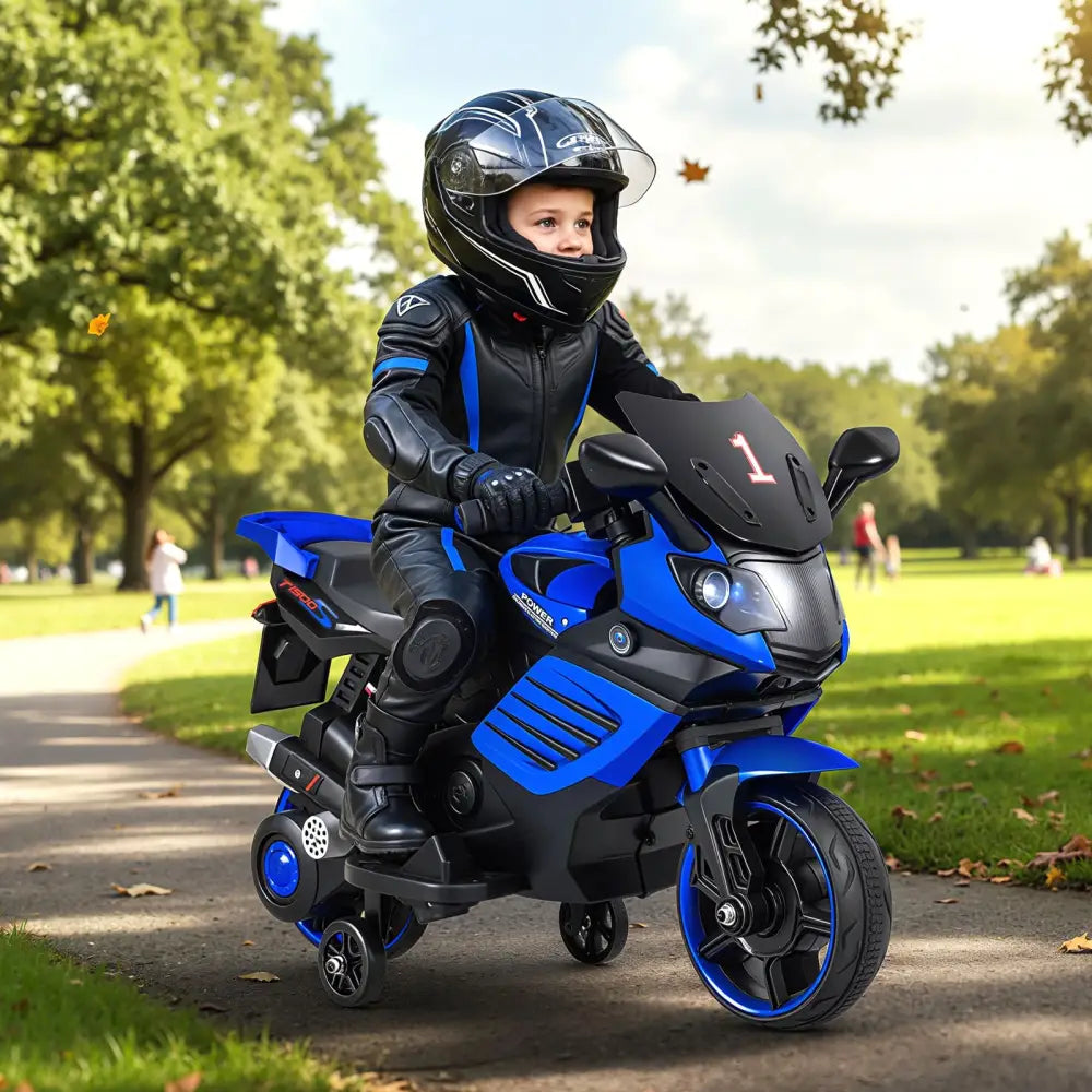6V Kids Motorcycle with Headlights Music and Detachable Training Wheels-Navy - Navy - Powered Ride On Toys