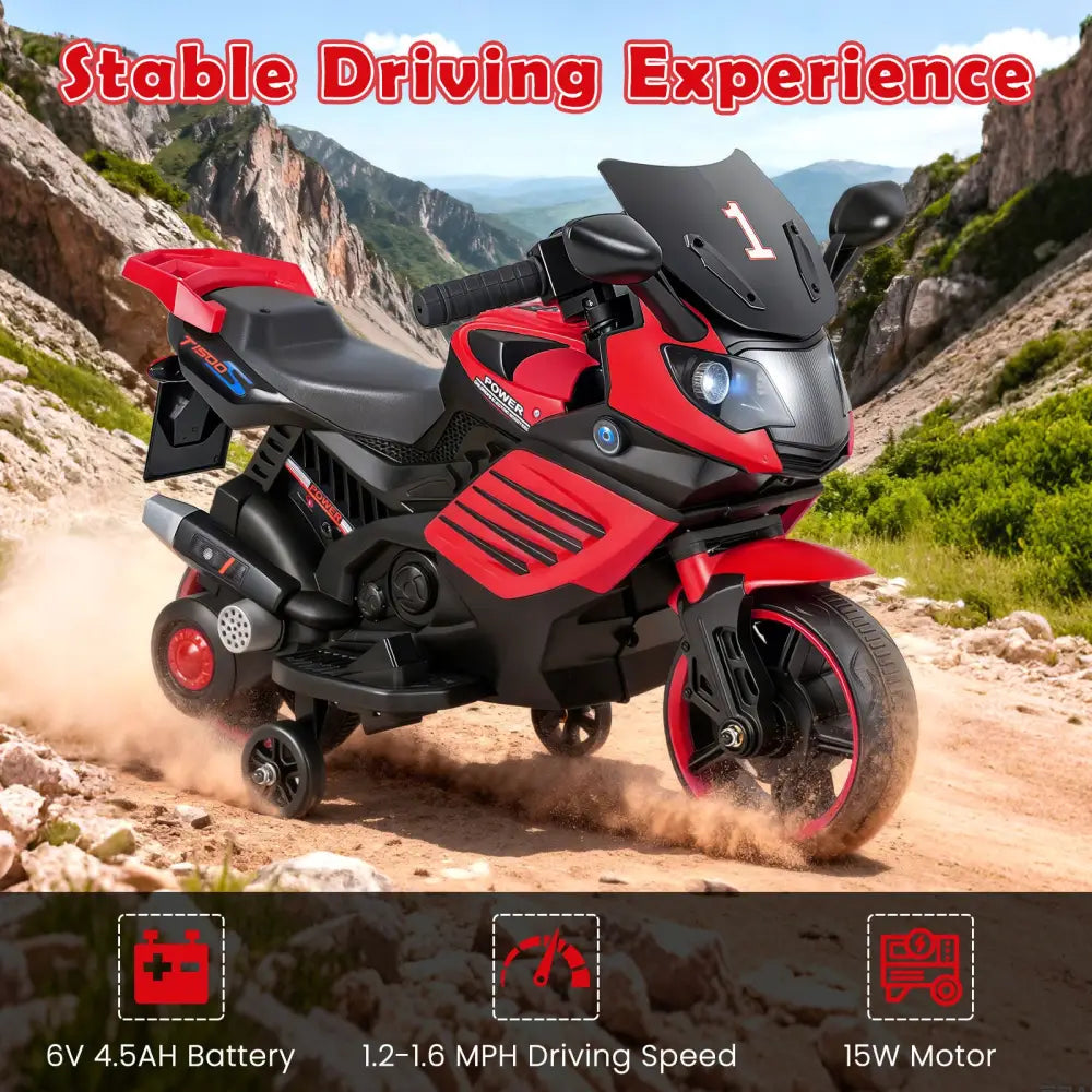 6V Kids Motorcycle with Headlights Music and Detachable Training Wheels-Red - Red - Powered Ride On Toys