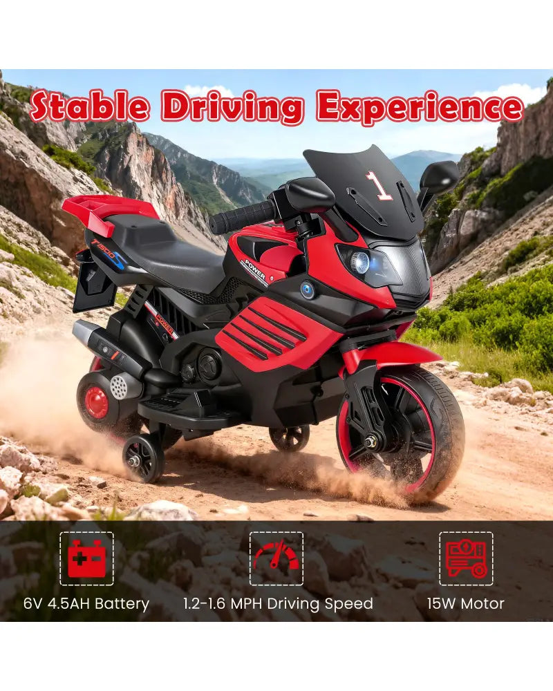 6V Kids Motorcycle with Headlights Music and Detachable Training Wheels-Red - Red - Powered Ride On Toys