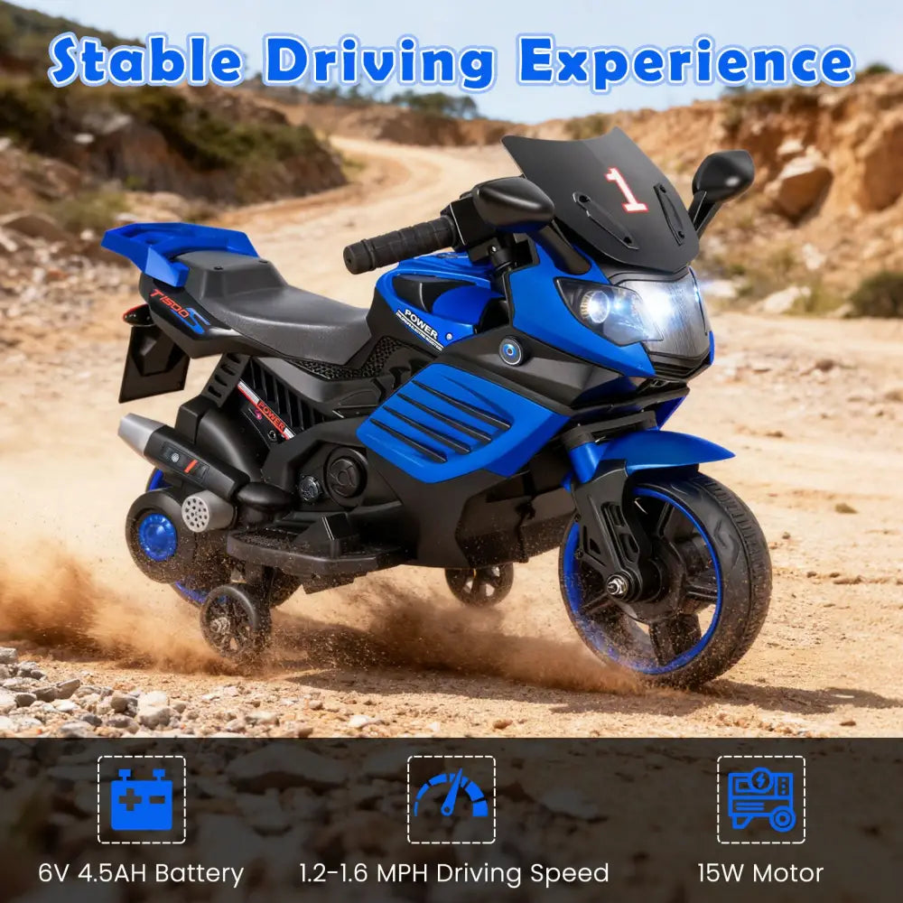 6V Kids Motorcycle with Headlights Music and Detachable Training Wheels-Navy - Navy - Powered Ride On Toys