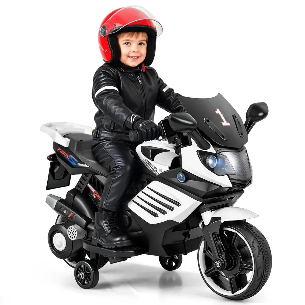 6V Kids Motorcycle with Headlights Music and Detachable Training Wheels-White - White - Powered Ride On Toys