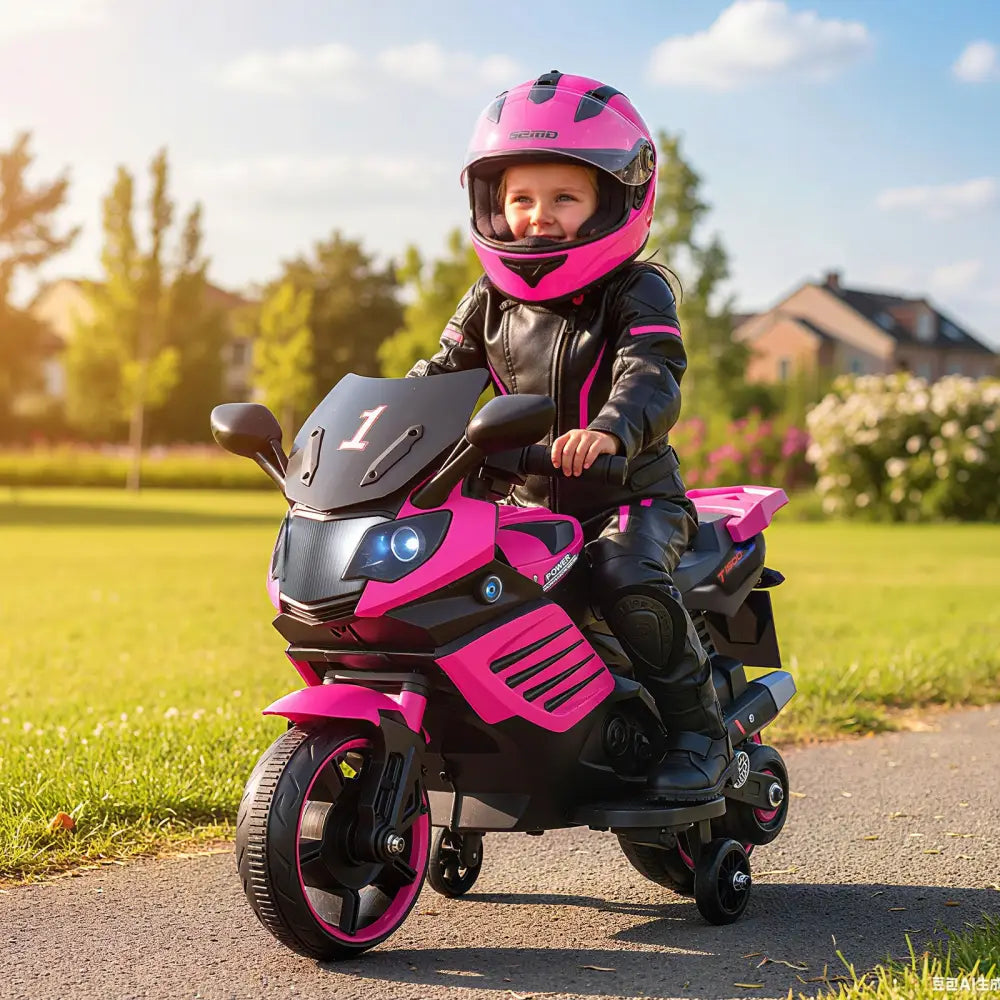 6V Kids Motorcycle with Headlights Music and Detachable Training Wheels-Pink - Pink - Powered Ride On Toys