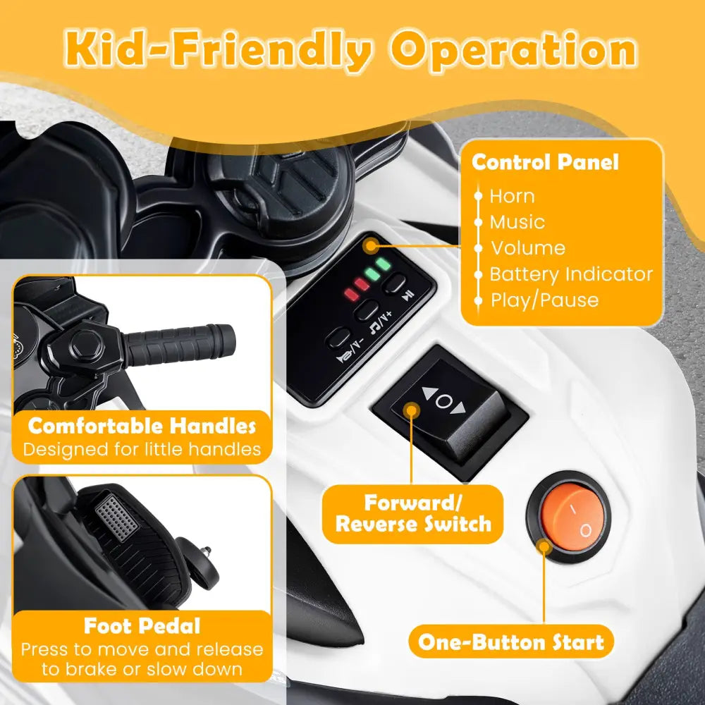 6V Kids Motorcycle with Headlights Music and Detachable Training Wheels-White - White - Powered Ride On Toys