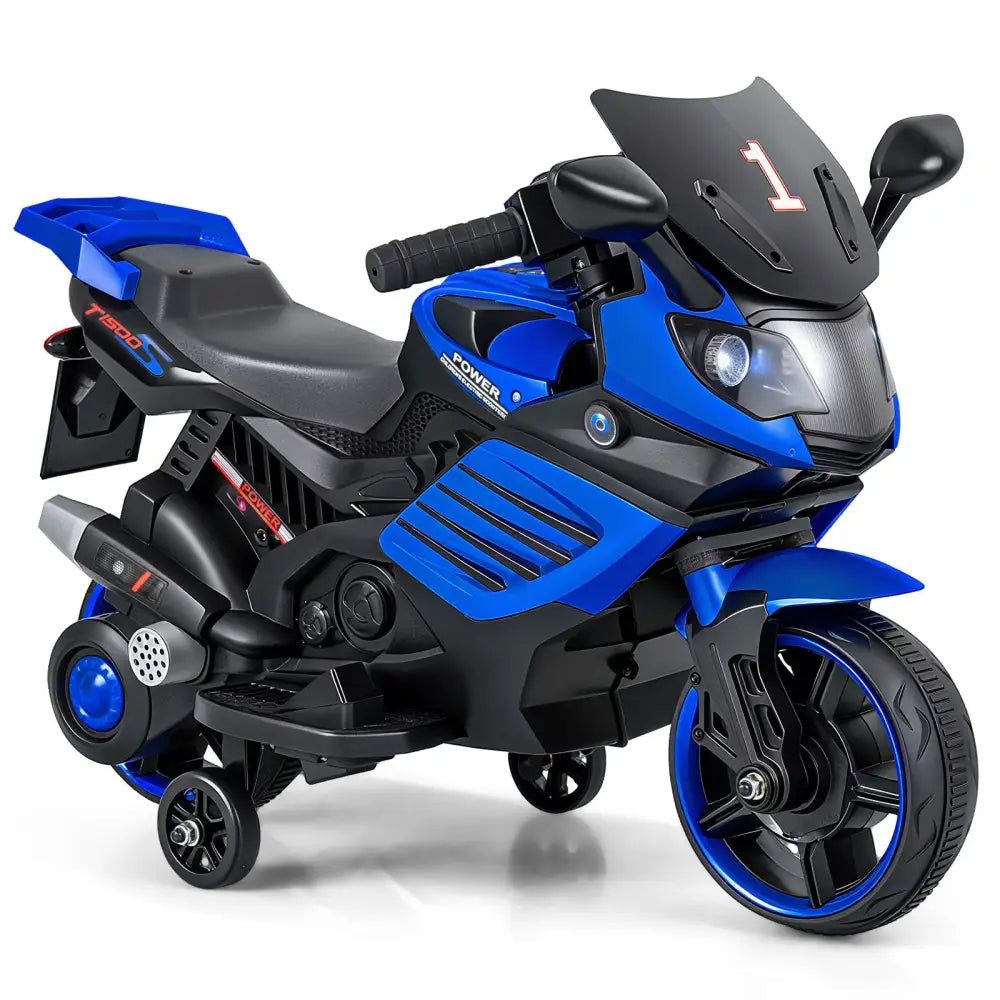 6V Kids Motorcycle with Headlights Music and Detachable Training Wheels-Navy - Navy - Powered Ride On Toys