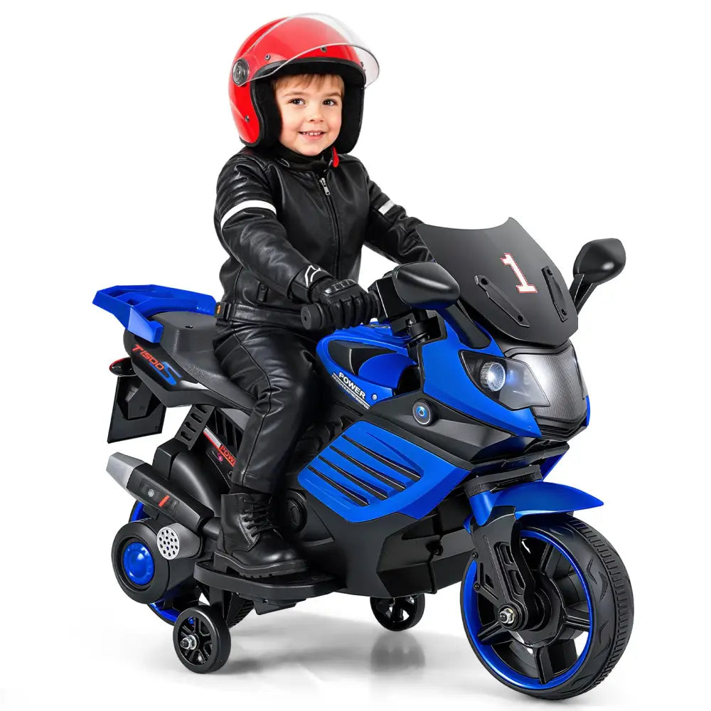 6V Kids Motorcycle with Headlights Music and Detachable Training Wheels-Navy - Navy - Powered Ride On Toys