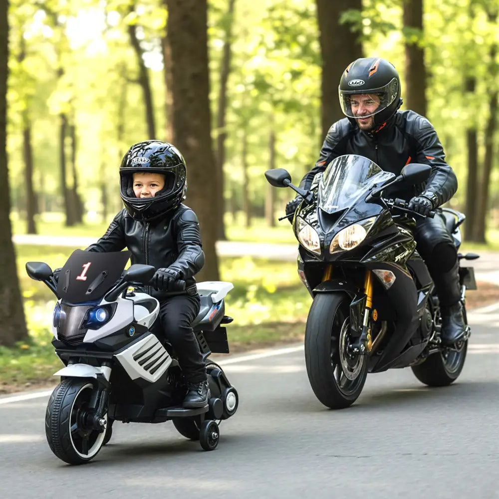 6V Kids Motorcycle with Headlights Music and Detachable Training Wheels-White - White - Powered Ride On Toys