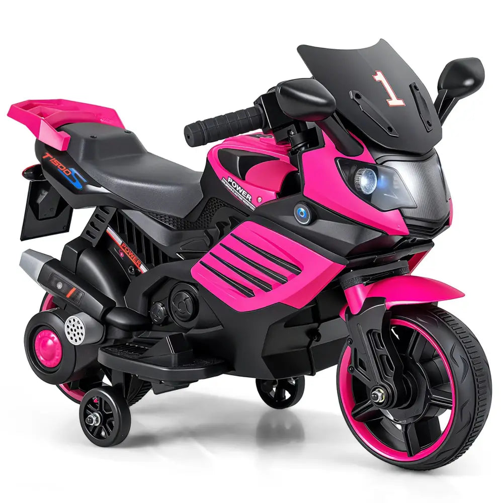 6V Kids Motorcycle with Headlights Music and Detachable Training Wheels-Pink - Pink - Powered Ride On Toys