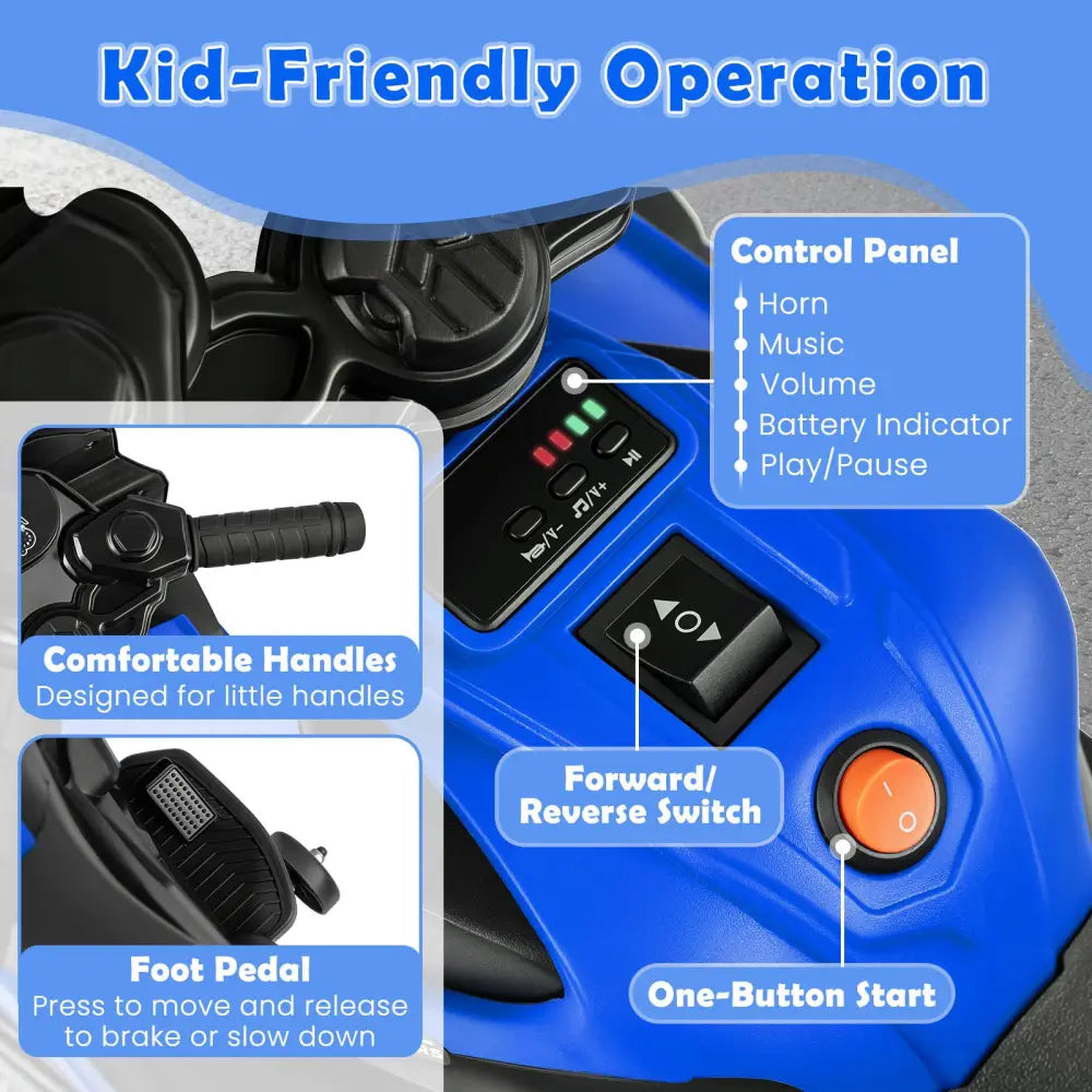 6V Kids Motorcycle with Headlights Music and Detachable Training Wheels-Navy - Navy - Powered Ride On Toys