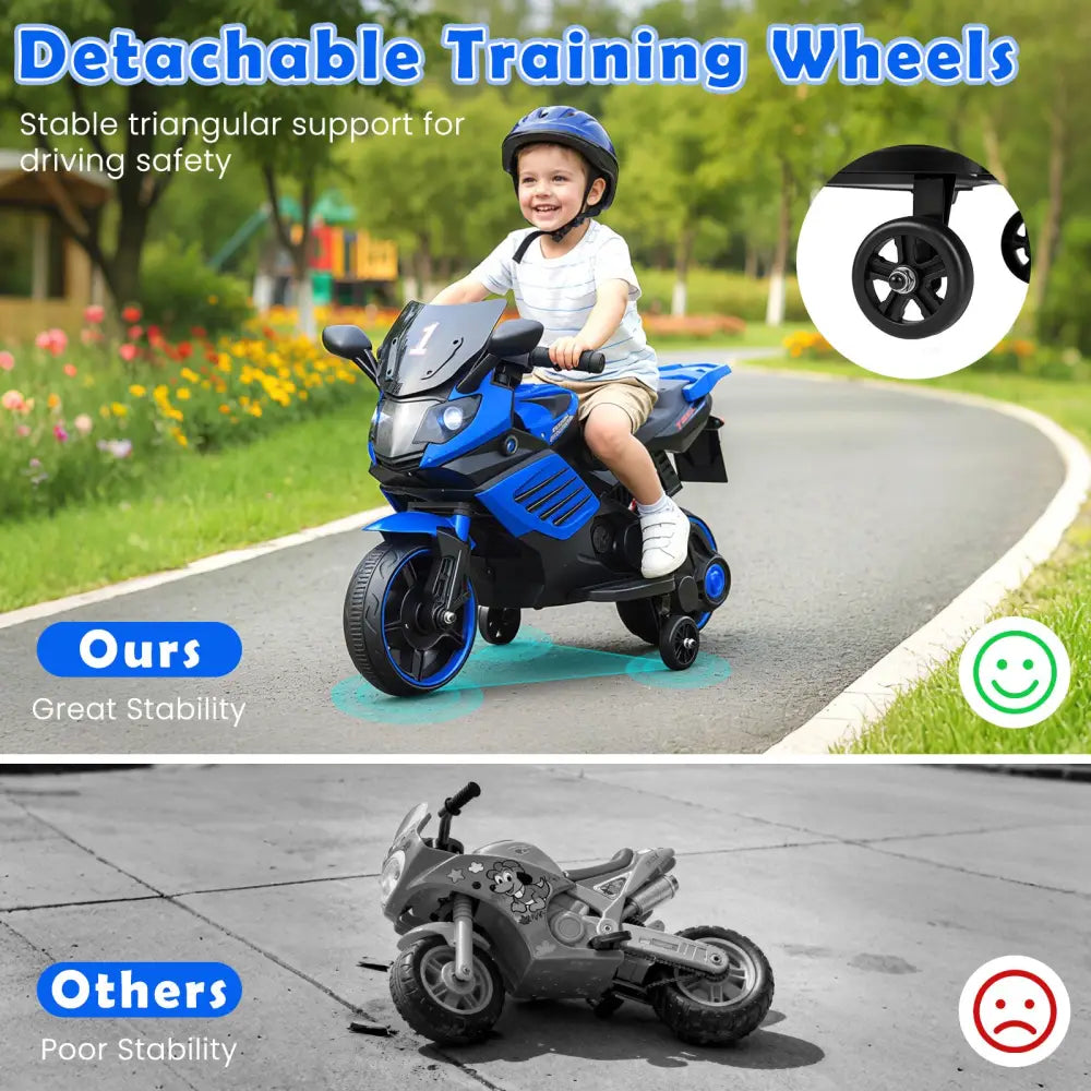 6V Kids Motorcycle with Headlights Music and Detachable Training Wheels-Navy - Navy - Powered Ride On Toys