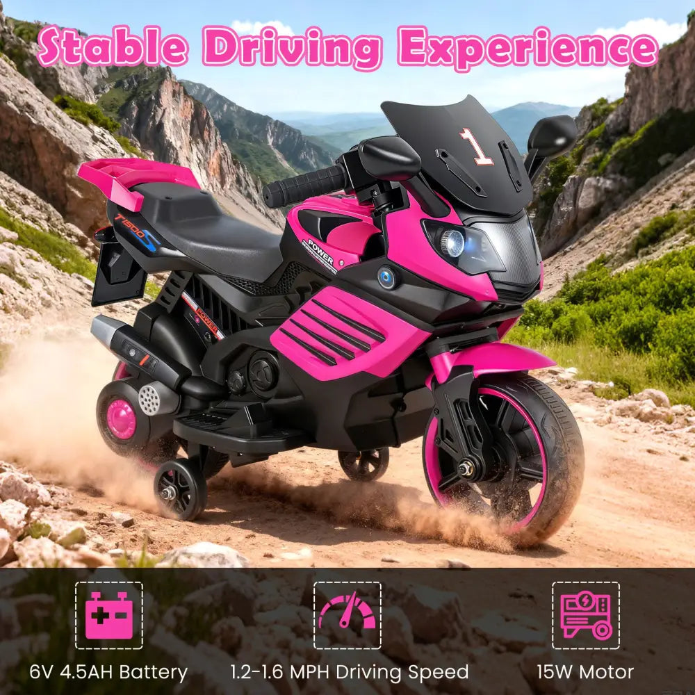 6V Kids Motorcycle with Headlights Music and Detachable Training Wheels-Pink - Pink - Powered Ride On Toys