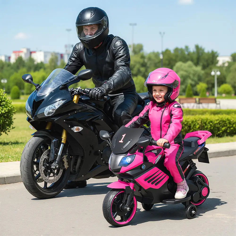 6V Kids Motorcycle with Headlights Music and Detachable Training Wheels-Pink - Pink - Powered Ride On Toys