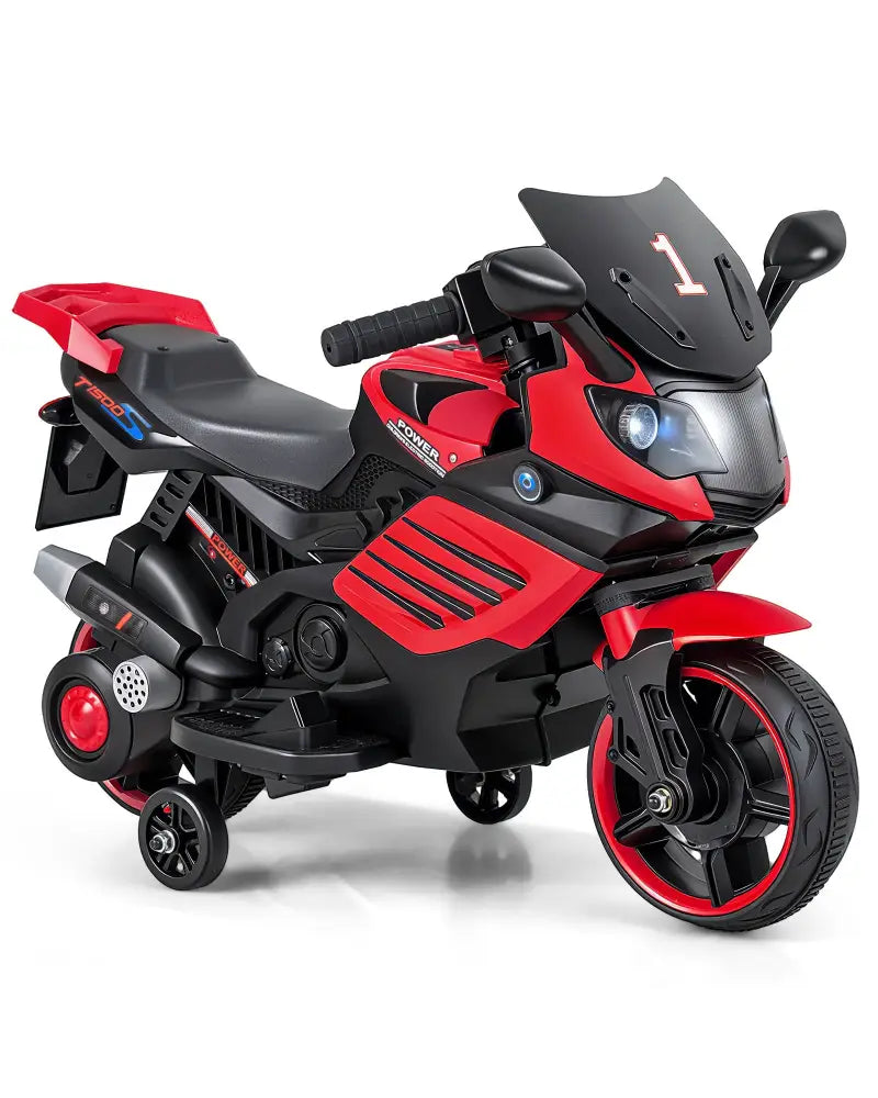 6V Kids Motorcycle with Headlights Music and Detachable Training Wheels-Red - Red - Powered Ride On Toys