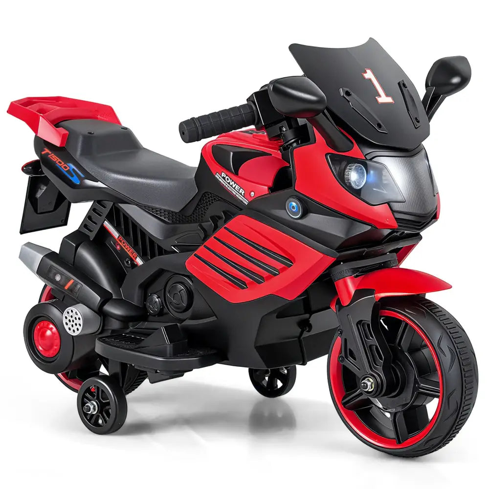 6V Kids Motorcycle with Headlights Music and Detachable Training Wheels-Red - Red - Powered Ride On Toys