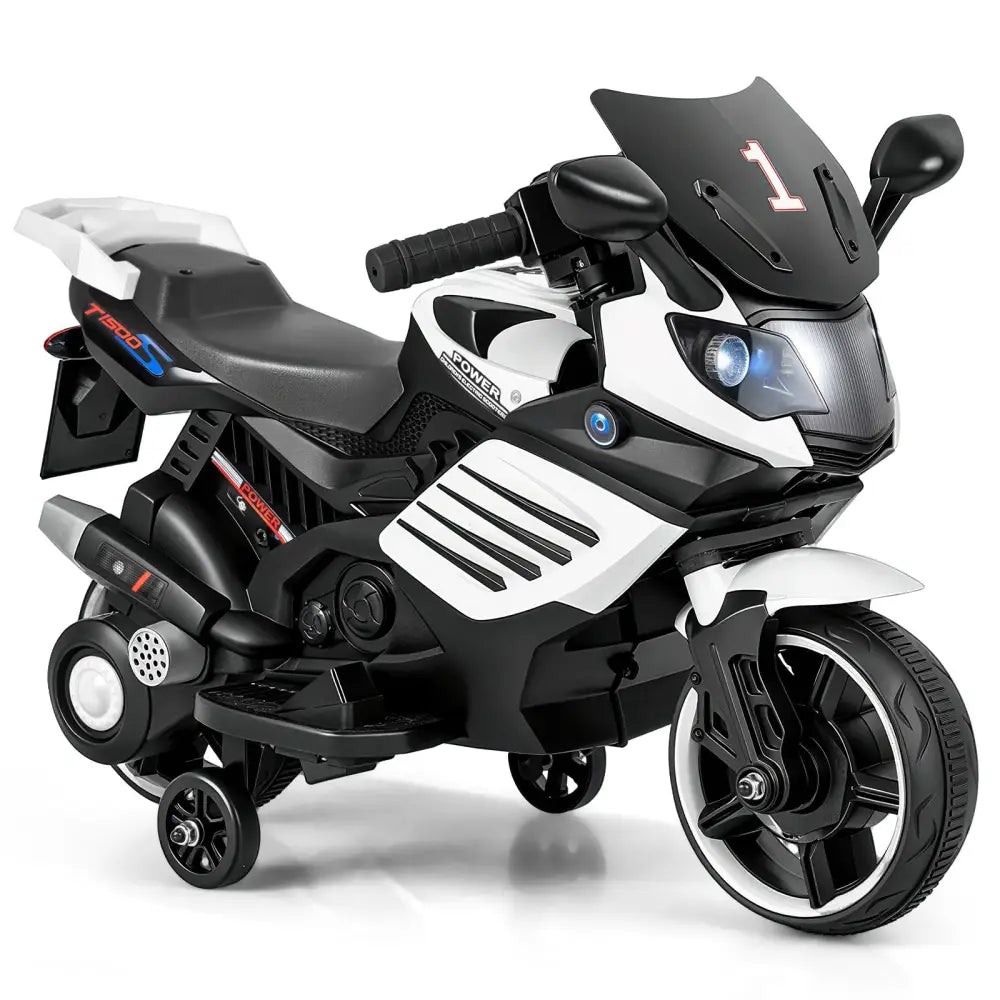 6V Kids Motorcycle with Headlights Music and Detachable Training Wheels-White - White - Powered Ride On Toys