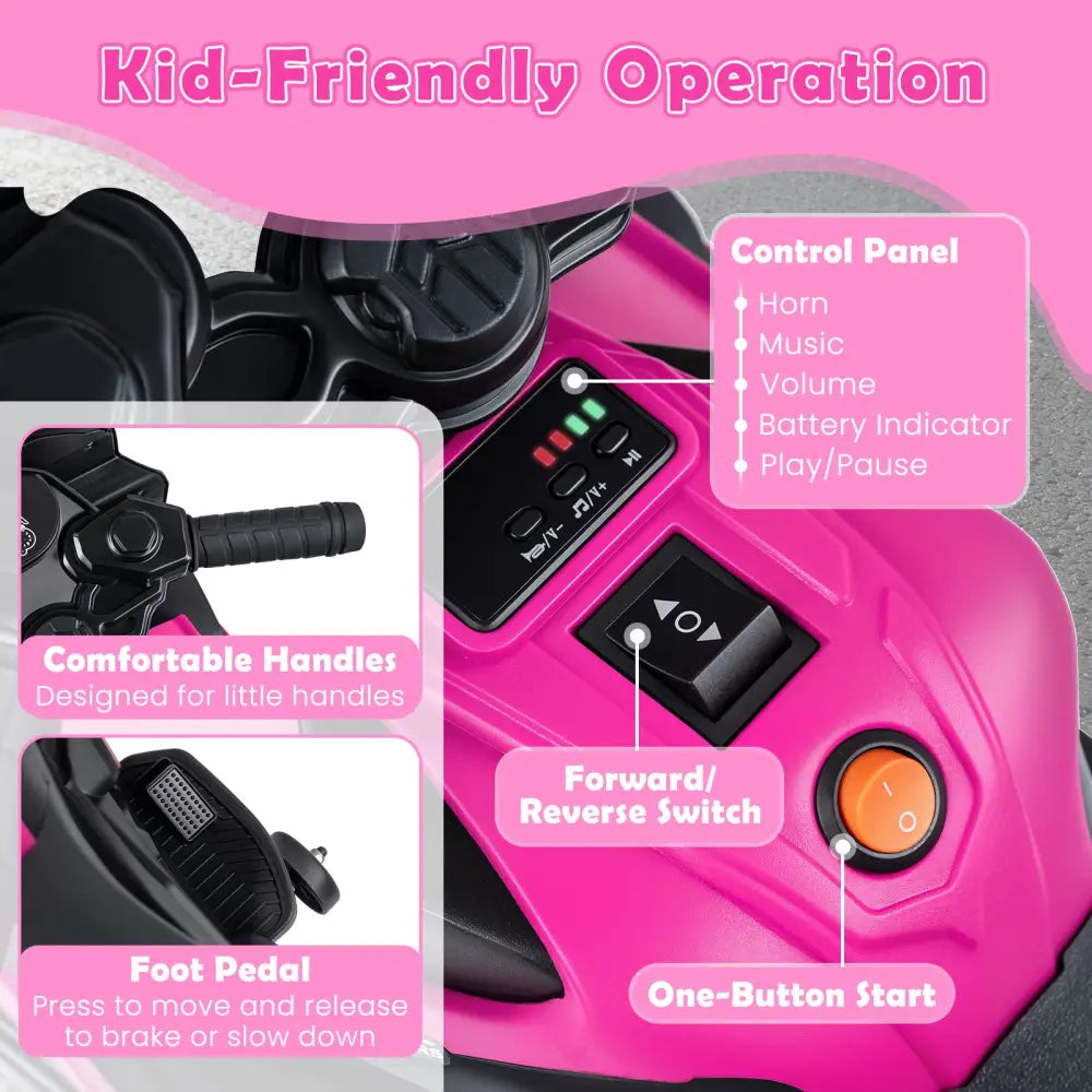 6V Kids Motorcycle with Headlights Music and Detachable Training Wheels-Pink - Pink - Powered Ride On Toys