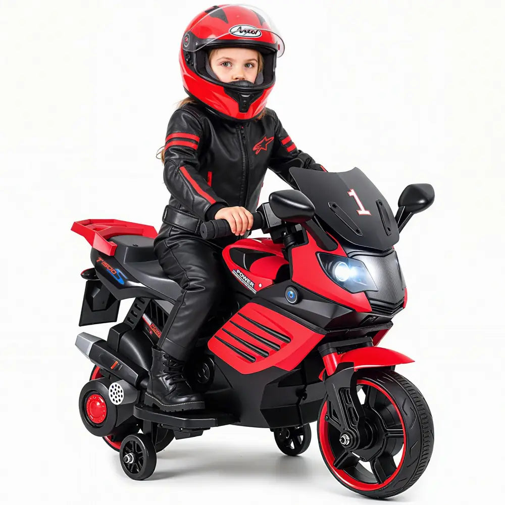 6V Kids Motorcycle with Headlights Music and Detachable Training Wheels-Red - Red - Powered Ride On Toys