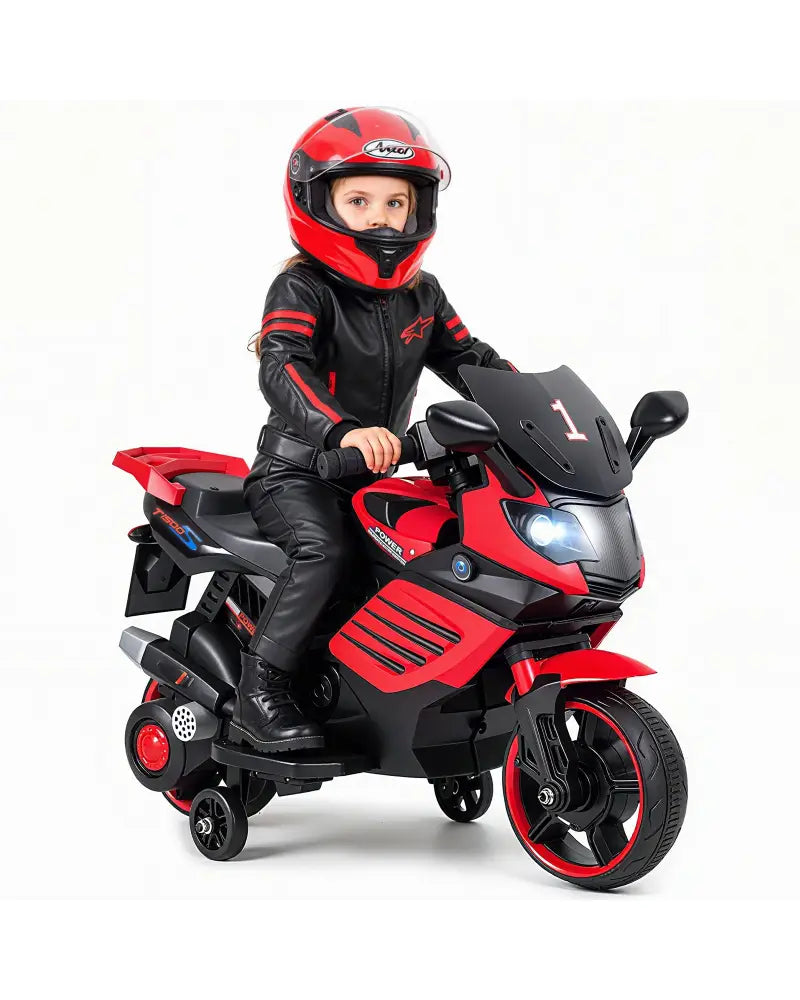 6V Kids Motorcycle with Headlights Music and Detachable Training Wheels-Red - Red - Powered Ride On Toys