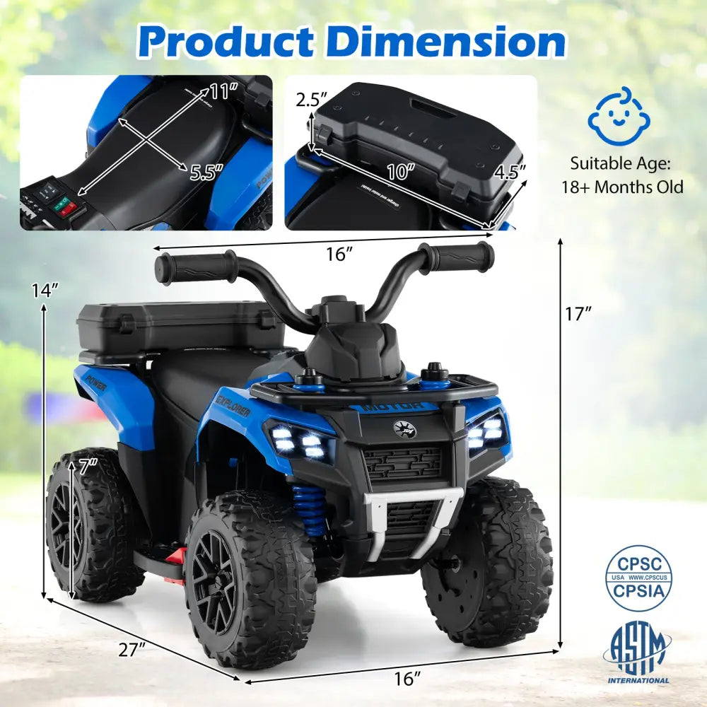 6V Kids Ride On ATV with Spray Function and Storage Box with Music-Blue - Blue - Powered Ride On Toys