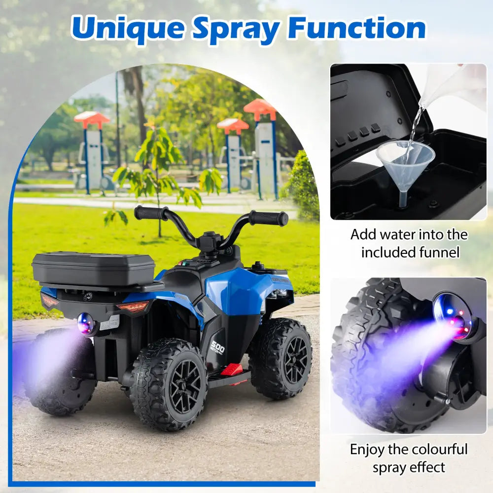6V Kids Ride On ATV with Spray Function and Storage Box with Music-Blue - Blue - Powered Ride On Toys