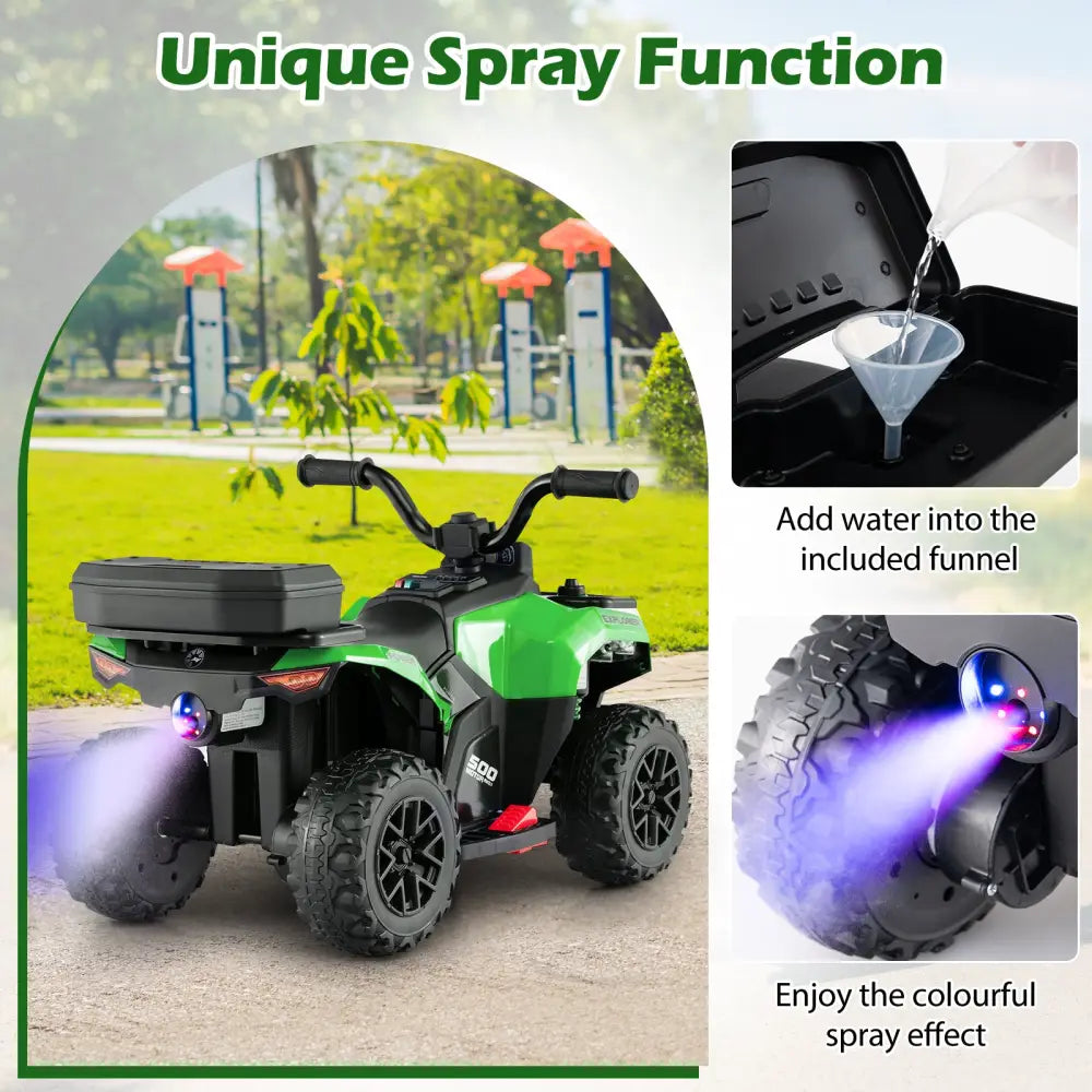 6V Kids Ride On ATV with Spray Function and Storage Box with Music-Green - Green - Powered Ride On Toys