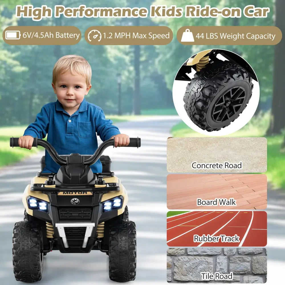 6V Kids Ride On ATV with Spray Function and Storage Box with Music-Khaki - Khaki - Powered Ride On Toys