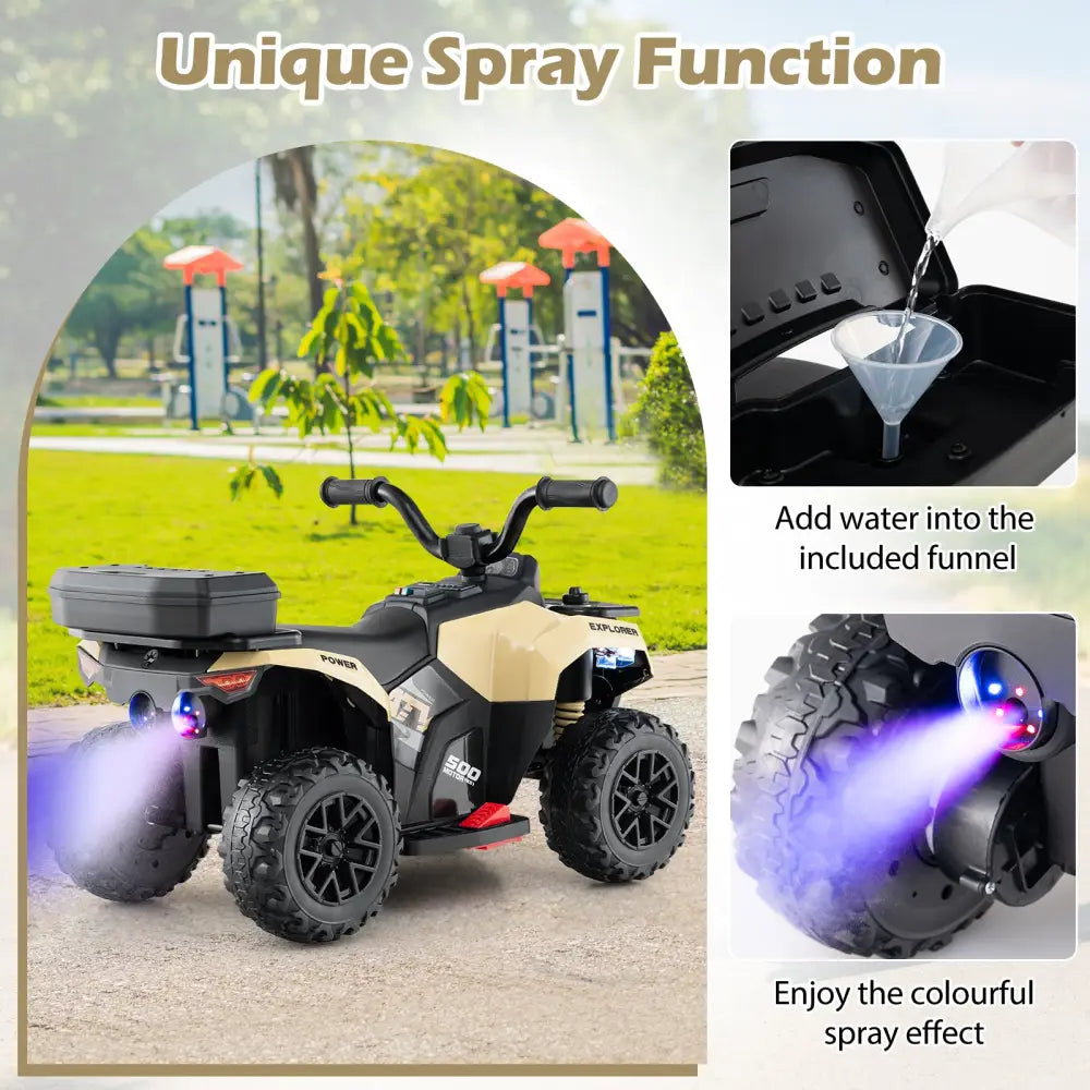 6V Kids Ride On ATV with Spray Function and Storage Box with Music-Khaki - Khaki - Powered Ride On Toys