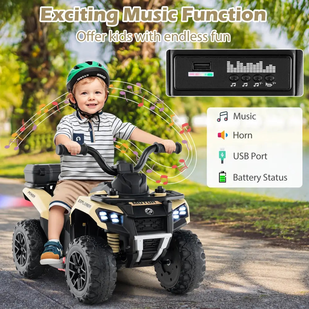 6V Kids Ride On ATV with Spray Function and Storage Box with Music-Khaki - Khaki - Powered Ride On Toys