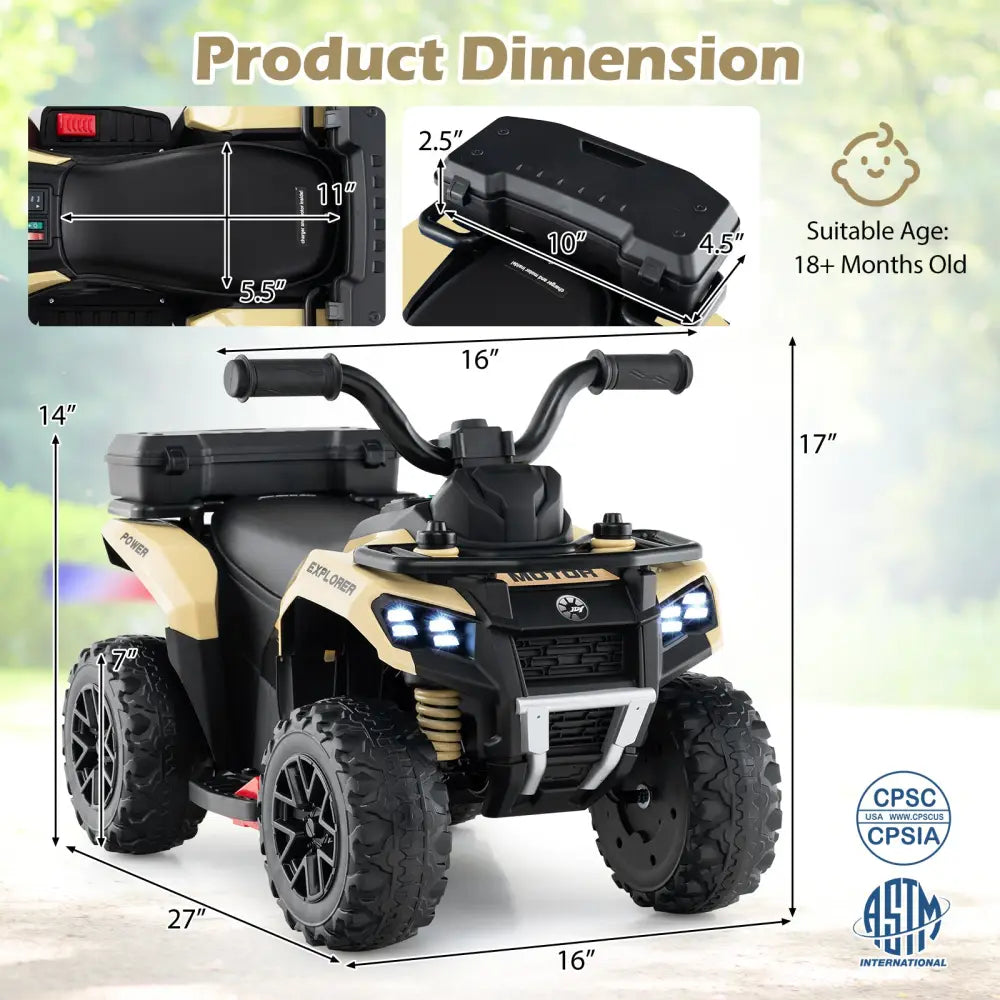 6V Kids Ride On ATV with Spray Function and Storage Box with Music-Khaki - Khaki - Powered Ride On Toys