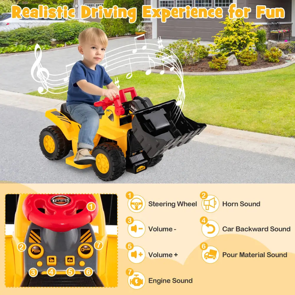 6V Kids Ride On Bulldozer with Folding Basketball Hoop and Balls - Yellow - Powered Ride On Toys