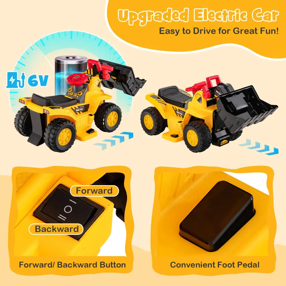 6V Kids Ride On Bulldozer with Folding Basketball Hoop and Balls - Yellow - Powered Ride On Toys