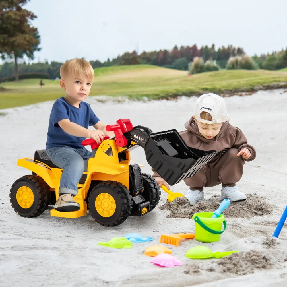 6V Kids Ride On Bulldozer with Folding Basketball Hoop and Balls - Yellow - Powered Ride On Toys