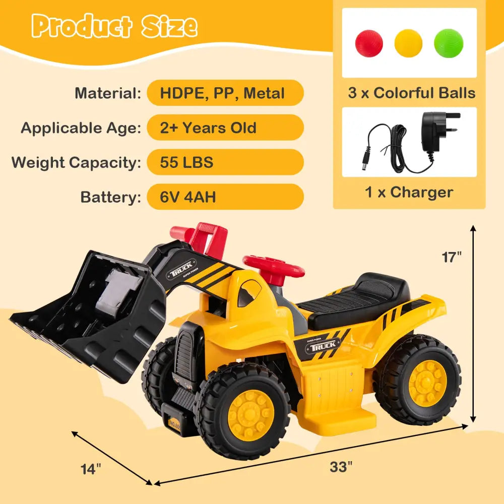 6V Kids Ride On Bulldozer with Folding Basketball Hoop and Balls - Yellow - Powered Ride On Toys