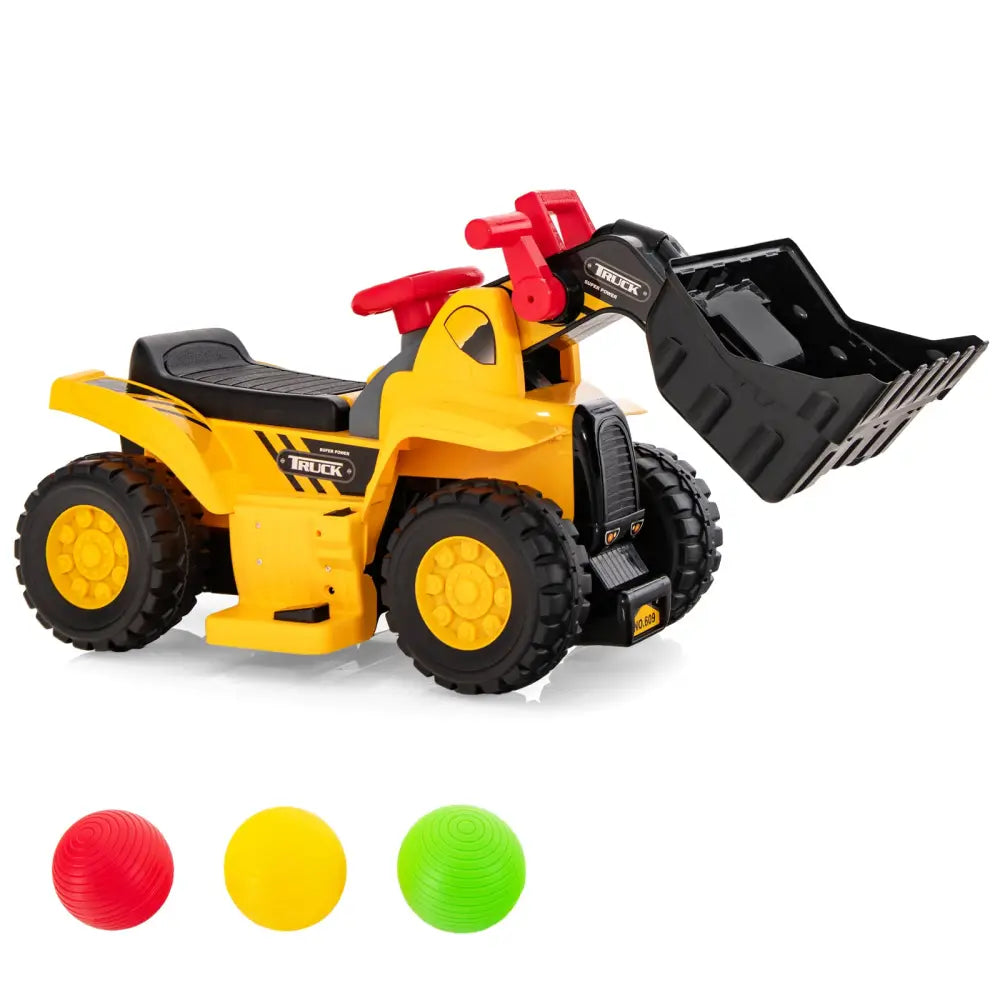 6V Kids Ride On Bulldozer with Folding Basketball Hoop and Balls - Yellow - Powered Ride On Toys