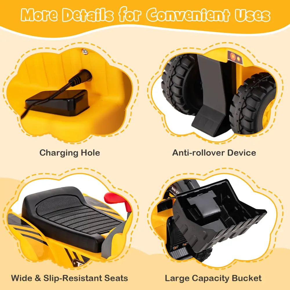 6V Kids Ride On Bulldozer with Folding Basketball Hoop and Balls - Yellow - Powered Ride On Toys