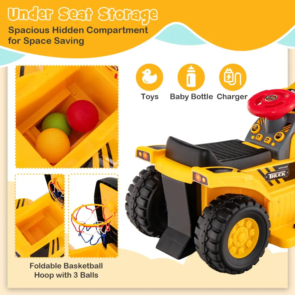 6V Kids Ride On Bulldozer with Folding Basketball Hoop and Balls - Yellow - Powered Ride On Toys