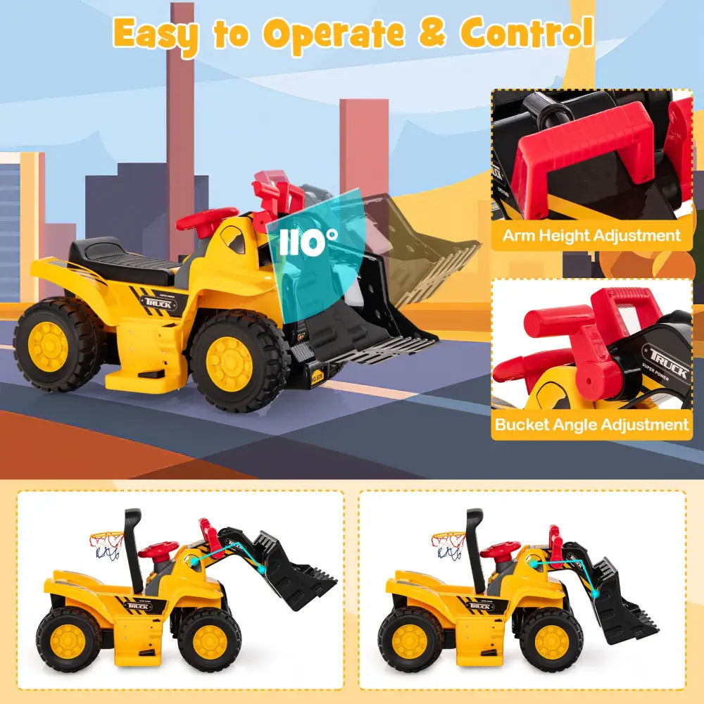 6V Kids Ride On Bulldozer with Folding Basketball Hoop and Balls - Yellow - Powered Ride On Toys