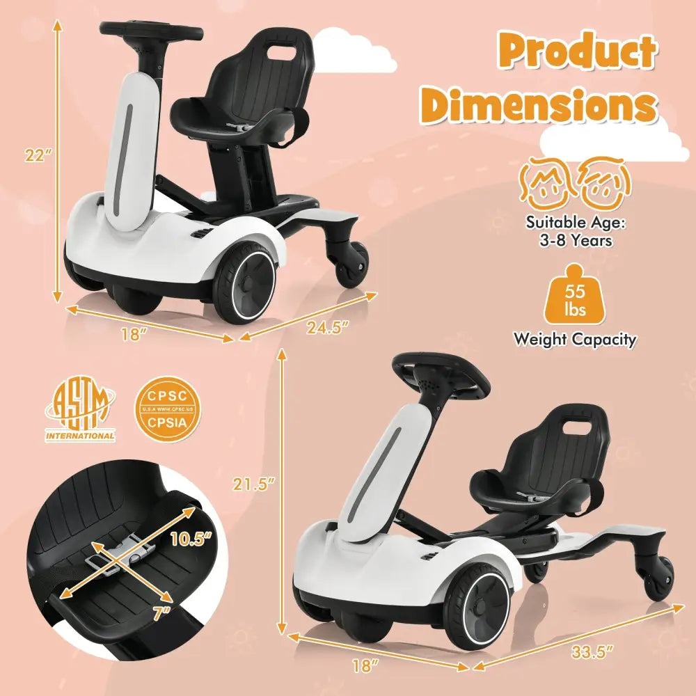 6V Kids Ride on Drift Car with 360° Spin and 2 Adjustable Heights-White - White - Powered Ride On Toys