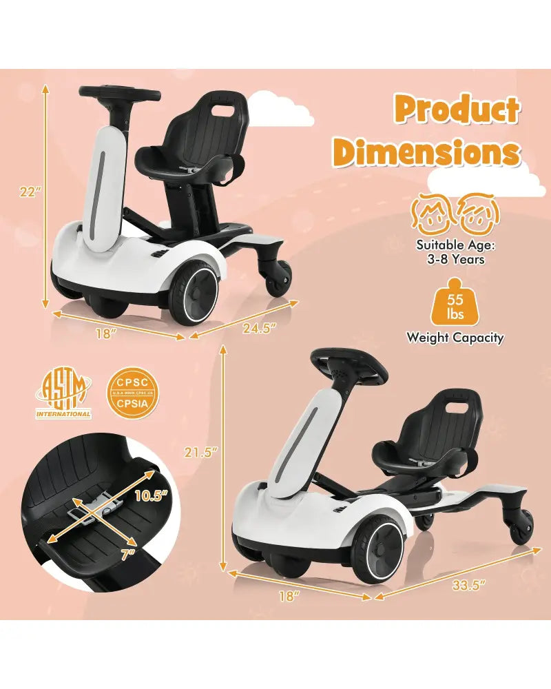 6V Kids Ride on Drift Car with 360° Spin and 2 Adjustable Heights-White - White - Powered Ride On Toys
