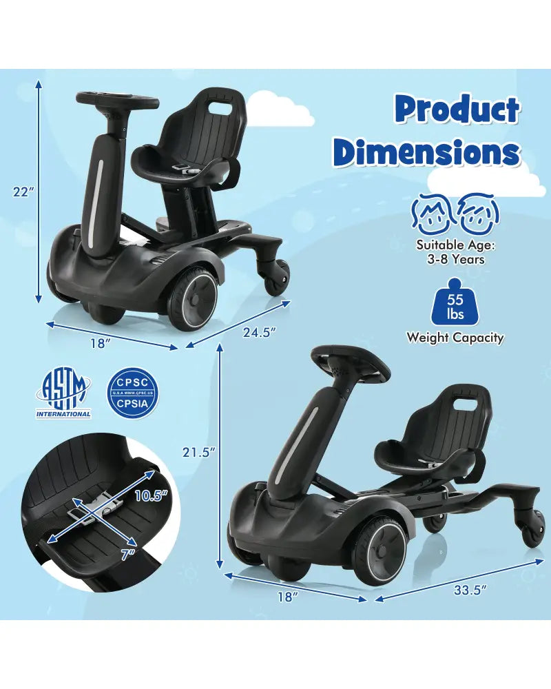 6V Kids Ride on Drift Car with 360° Spin and 2 Adjustable Heights-Black - Black - Powered Ride On Toys