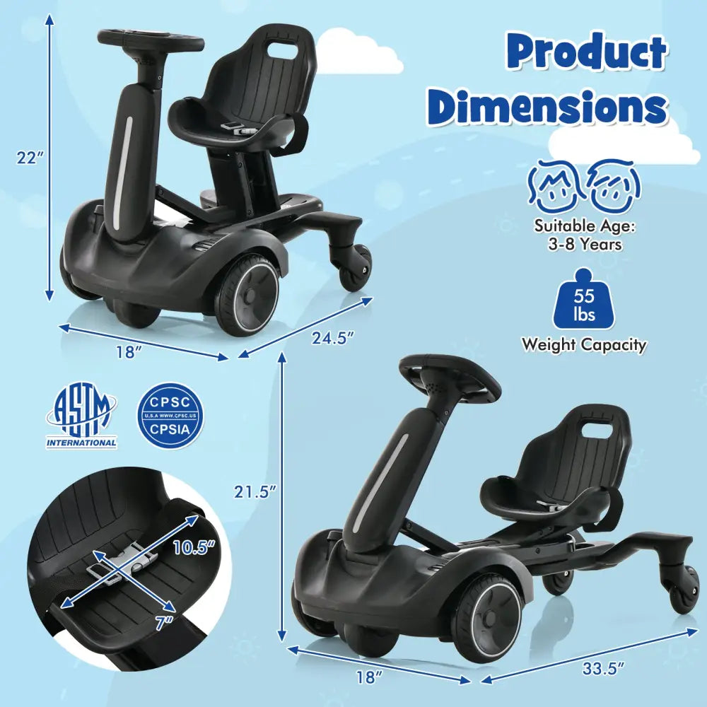 6V Kids Ride on Drift Car with 360° Spin and 2 Adjustable Heights-Black - Black - Powered Ride On Toys